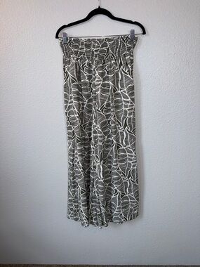 Mahina Smocked Waist Olive Leaf Print Wide Leg Pants